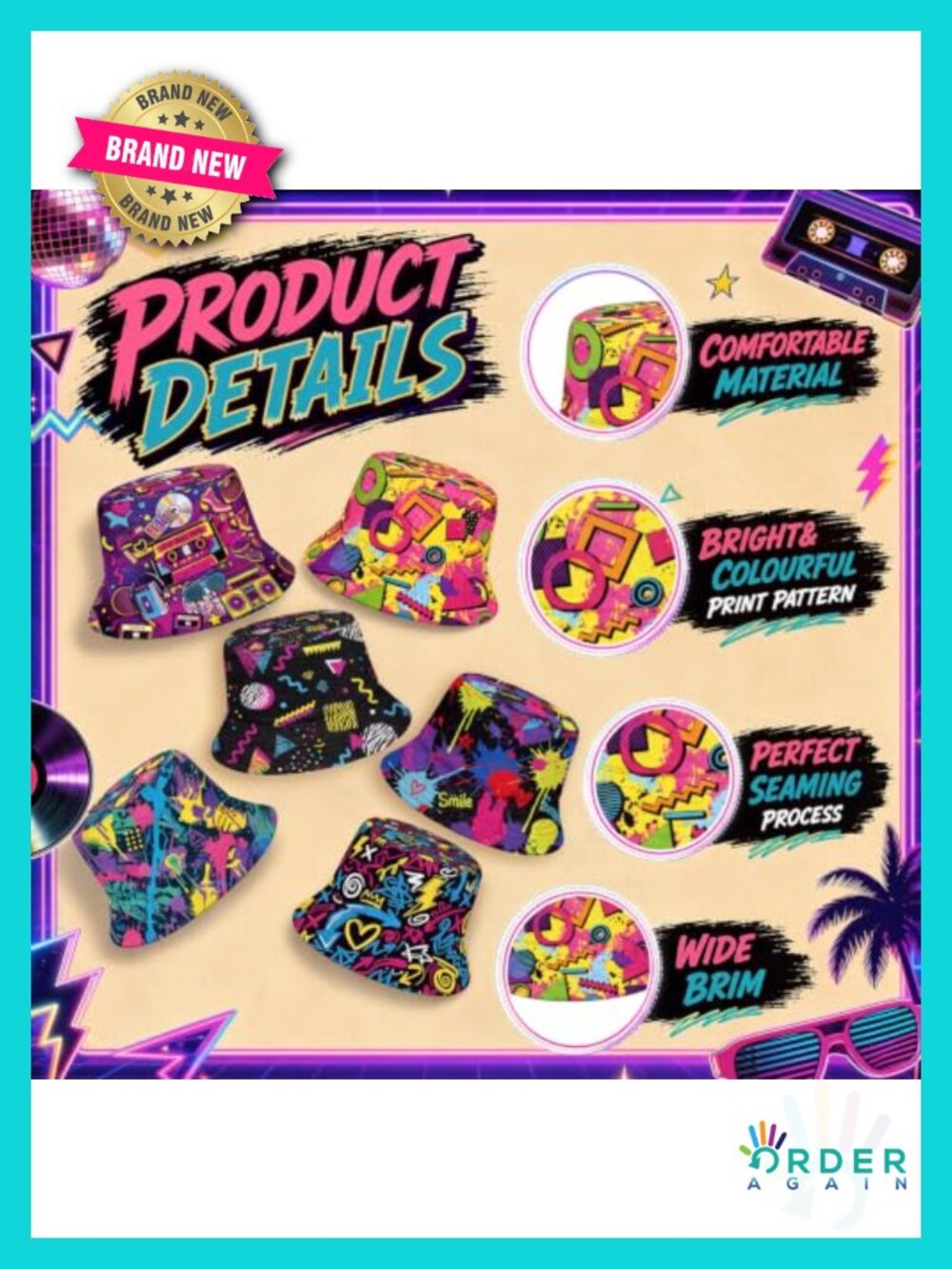 12 Pack Retro 90s Graffiti Bucket Hats Polyester Sun Caps Adult Unisex - Picture 3 of 6